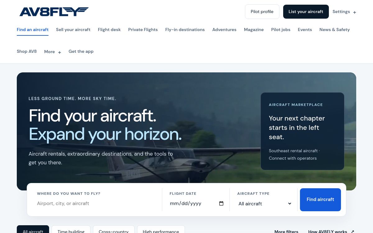 AV8 FLY aircraft marketplace landing page